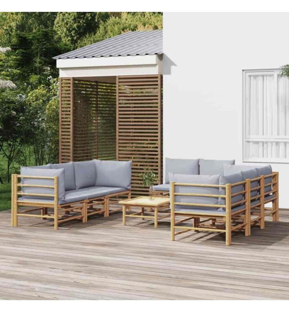9-tlg. Garten-Lounge-Set mit Kissen Hellgrau Bambus