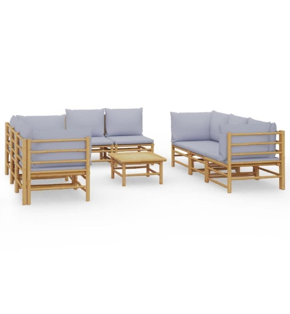 9-tlg. Garten-Lounge-Set mit Kissen Hellgrau Bambus