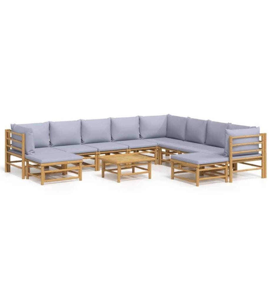 11-tlg. Garten-Lounge-Set mit Hellgrauen Kissen Bambus