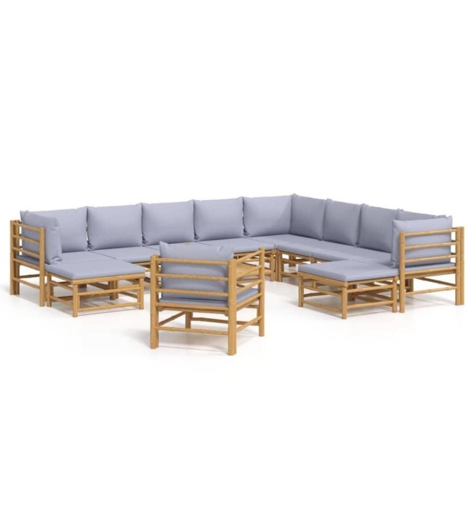 12-tlg. Garten-Lounge-Set mit Hellgrauen Kissen Bambus