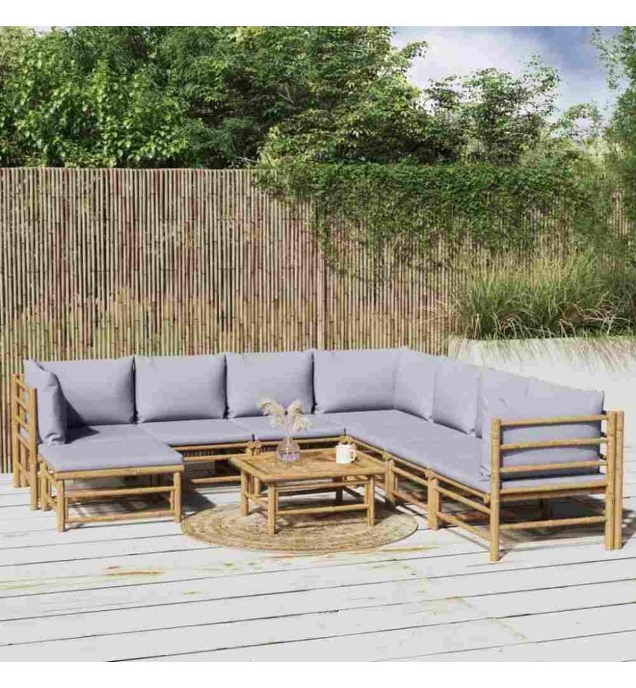 9-tlg. Garten-Lounge-Set mit Kissen Hellgrau Bambus