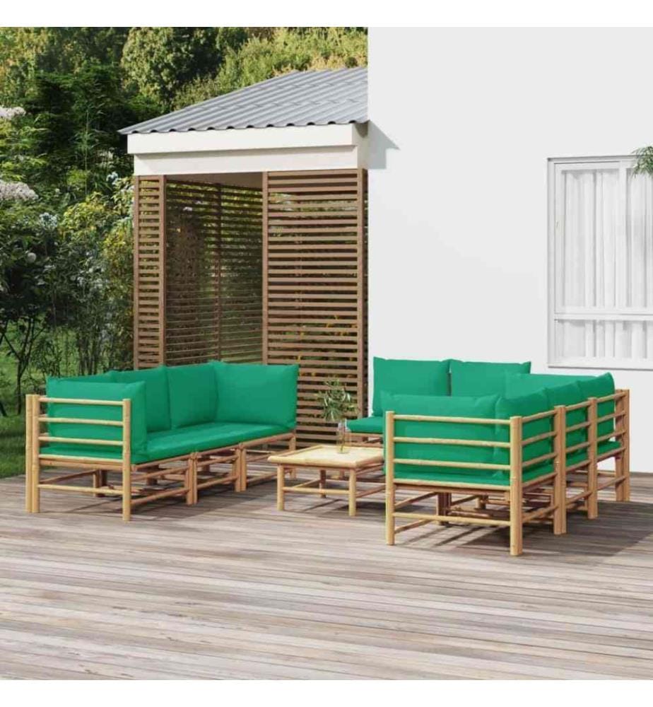 9-tlg. Garten-Lounge-Set mit Grünen Kissen Bambus