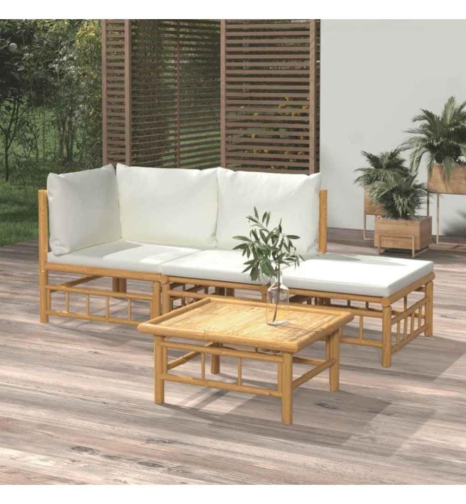 Salon de jardin 4 pcs avec coussins blanc crème bambou