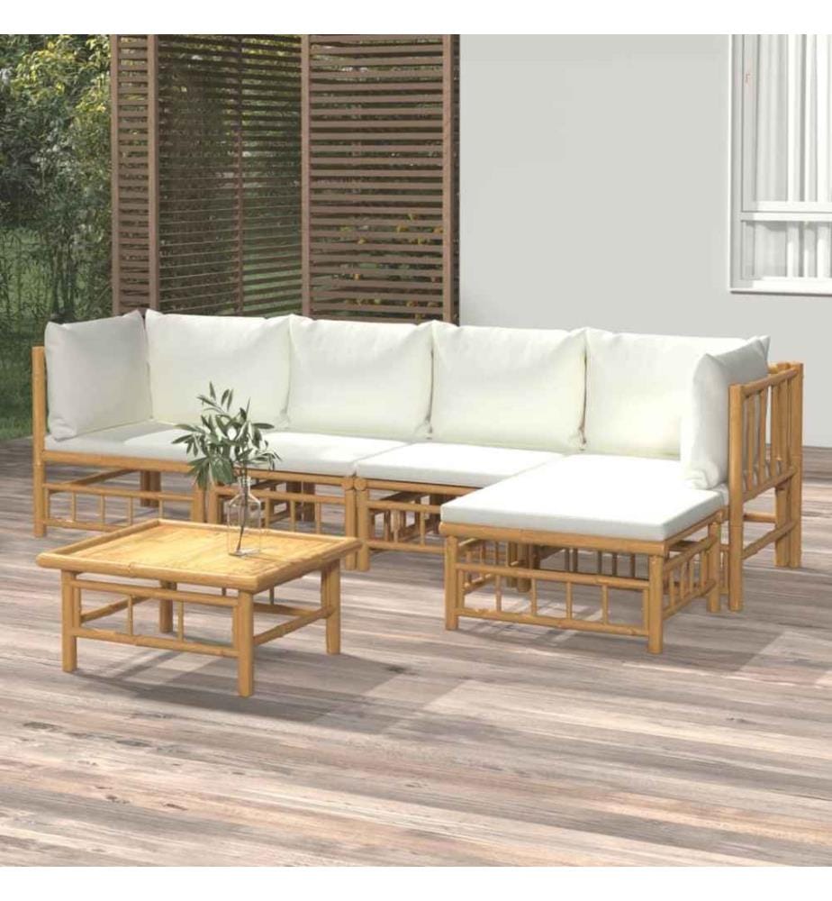 Salon de jardin 6 pcs avec coussins blanc crème bambou
