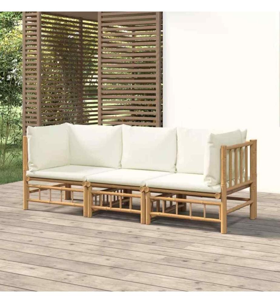 3-tlg. Garten-Lounge-Set mit Cremeweissen Kissen Bambus