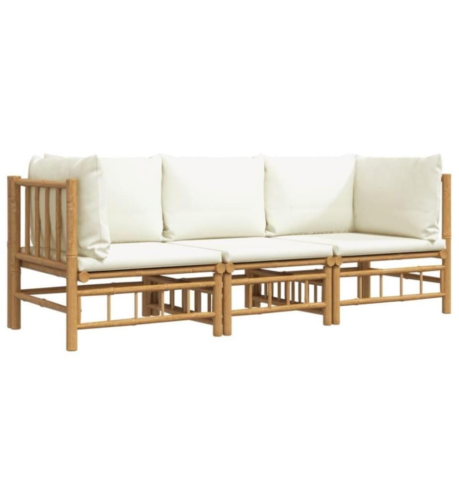 3-tlg. Garten-Lounge-Set mit Cremeweissen Kissen Bambus