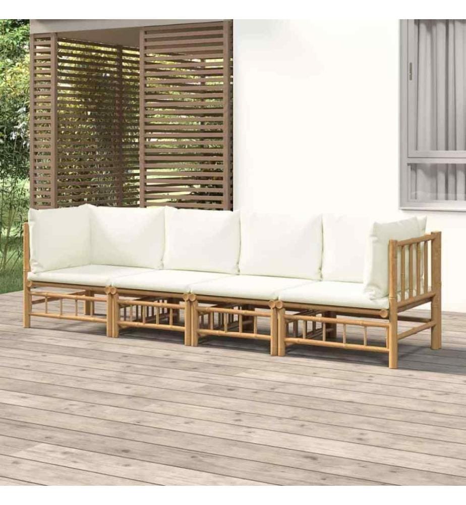 4-tlg. Garten-Lounge-Set mit Cremeweissen Kissen Bambus
