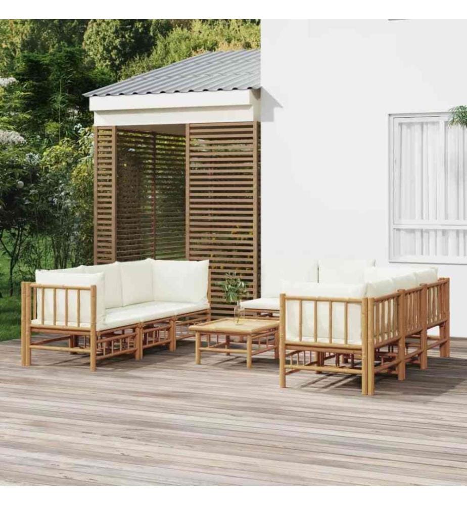 Salon de jardin 9 pcs avec coussins blanc crème bambou