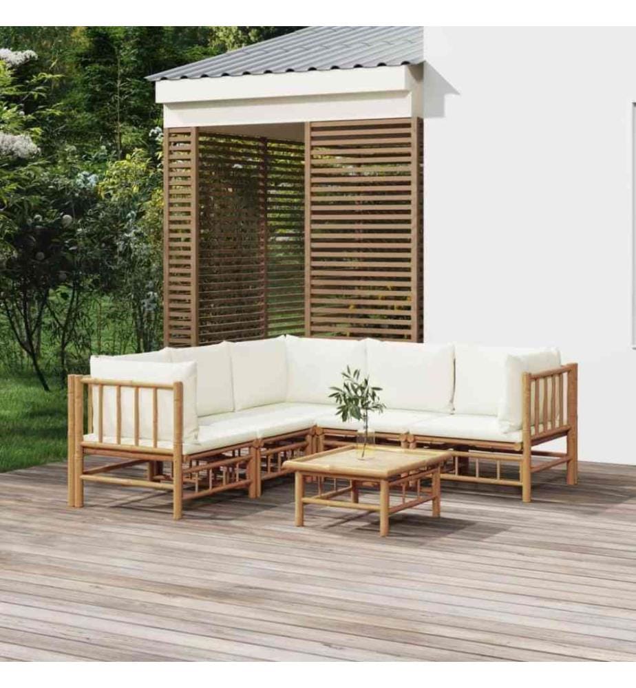 Salon de jardin 6 pcs avec coussins blanc crème bambou