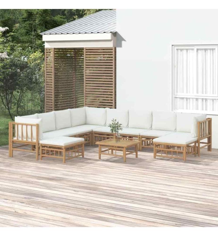 Salon de jardin 11 pcs avec coussins blanc crème bambou