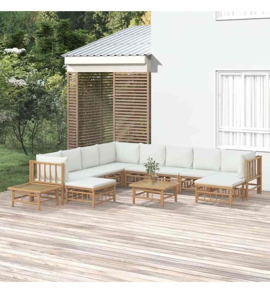 12-tlg. Garten-Lounge-Set mit Cremeweissen Kissen Bambus