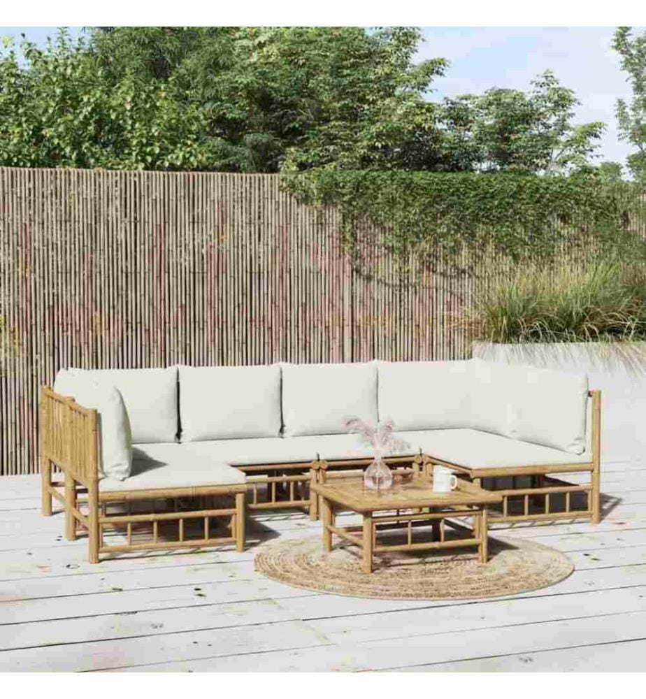 Salon de jardin 7 pcs avec coussins blanc crème bambou