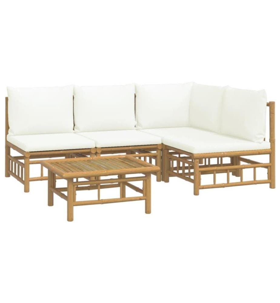 Salon de jardin 5 pcs avec coussins blanc crème bambou