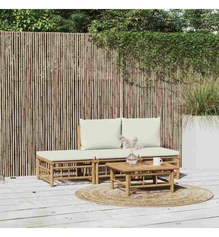 Salon de jardin 4 pcs avec coussins blanc crème bambou