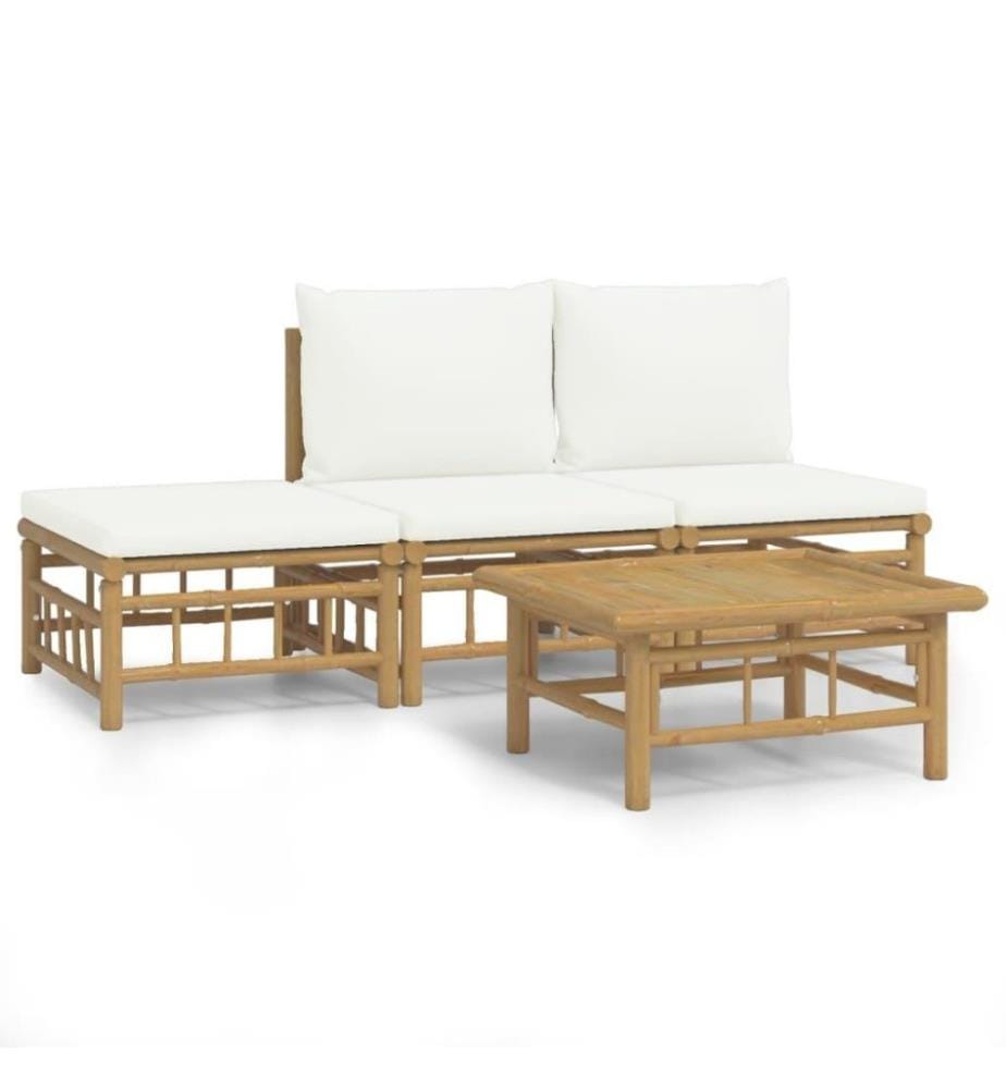 Salon de jardin 4 pcs avec coussins blanc crème bambou