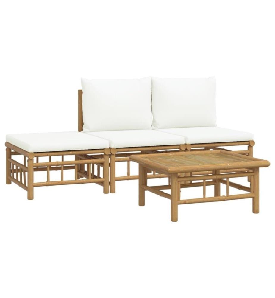 Salon de jardin 4 pcs avec coussins blanc crème bambou