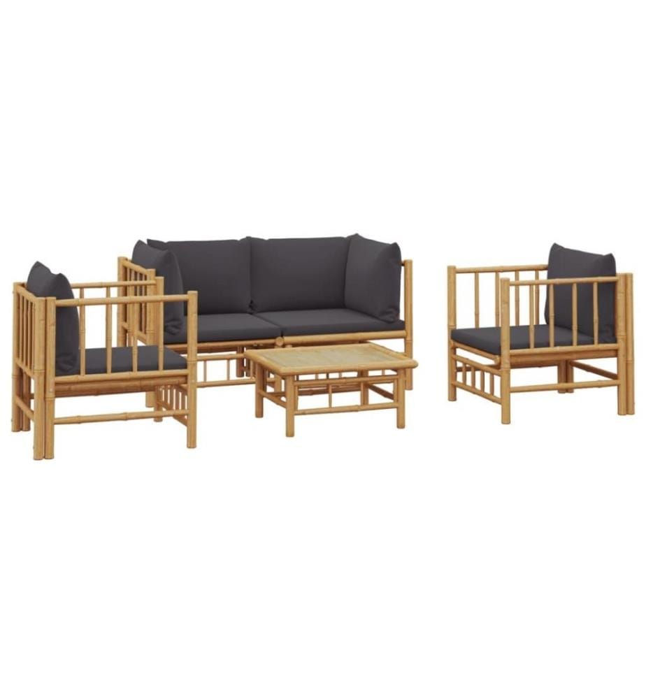Salon de jardin 5 pcs avec coussins gris foncé bambou