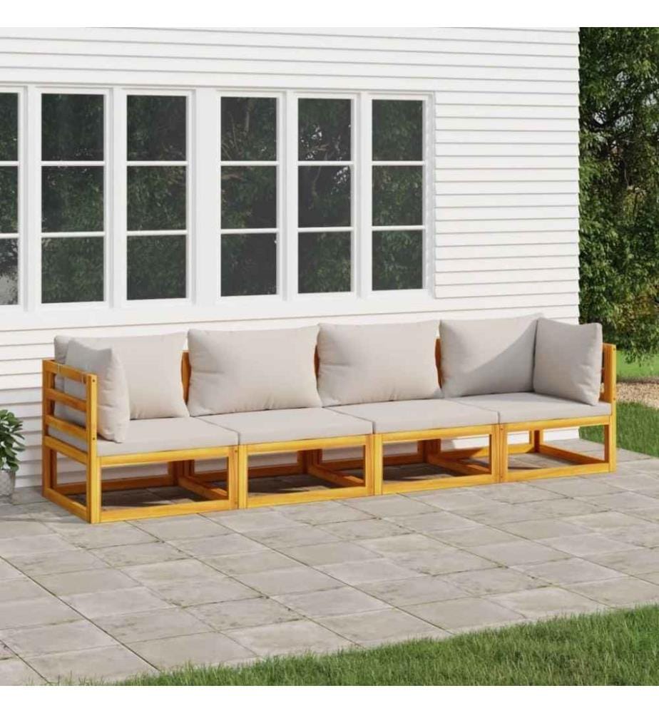 Salon de jardin 4 pcs avec coussins gris clair bois massif