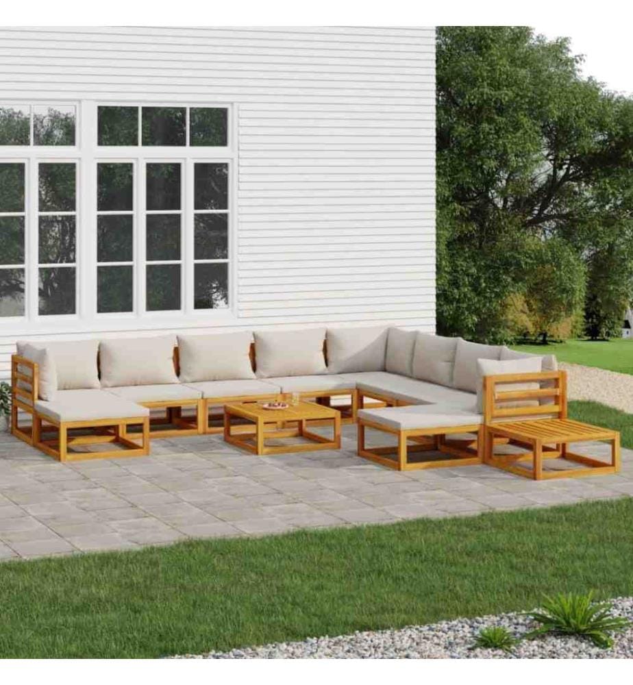 Salon de jardin 12 pcs avec coussins gris clair bois massif