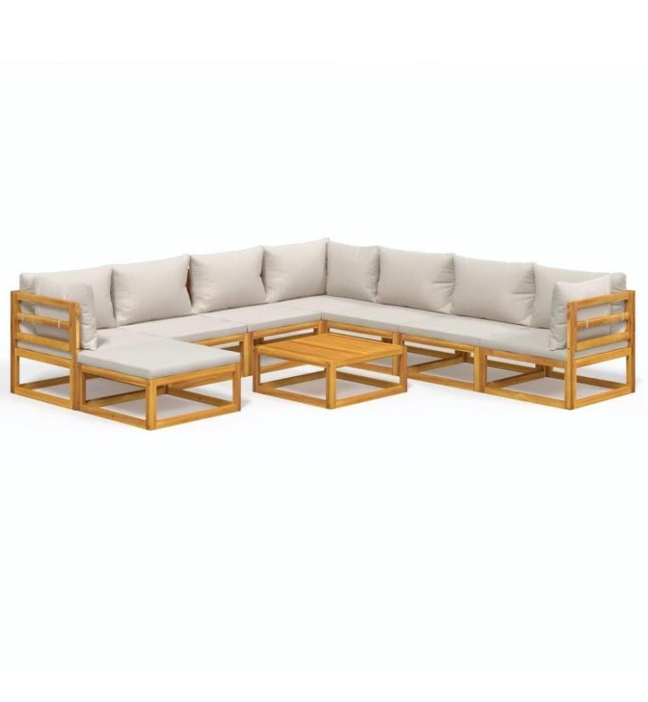 Salon de jardin 9 pcs avec coussins gris clair bois massif