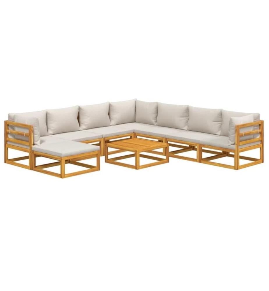 Salon de jardin 9 pcs avec coussins gris clair bois massif