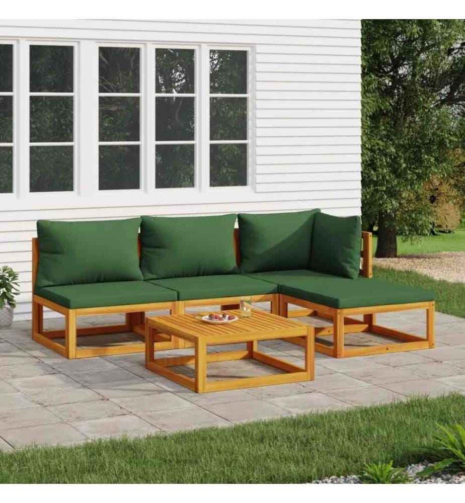 Salon de jardin 5 pcs avec coussins vert bois massif
