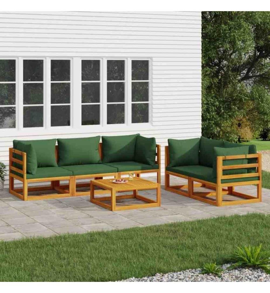 Salon de jardin 6 pcs avec coussins vert bois massif