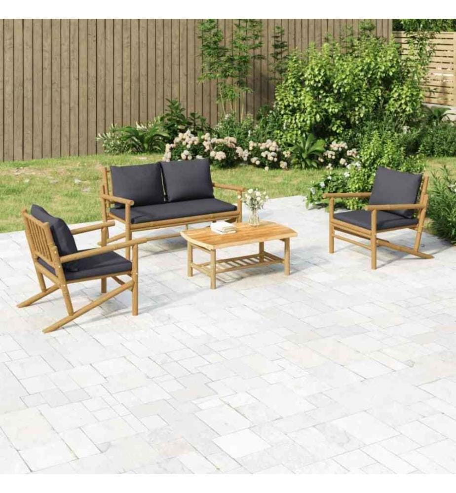 Salon de jardin 4 pcs avec coussins gris foncé bambou