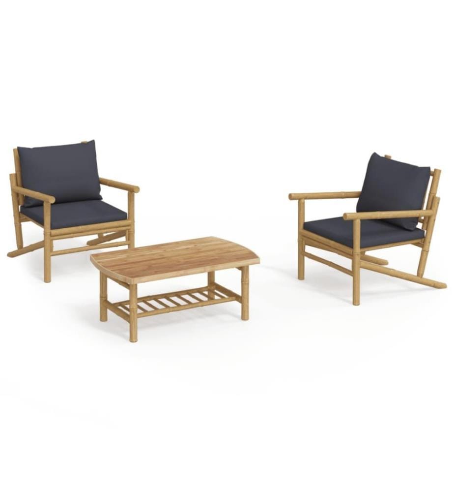 Salon de jardin 3 pcs avec coussins gris foncé bambou