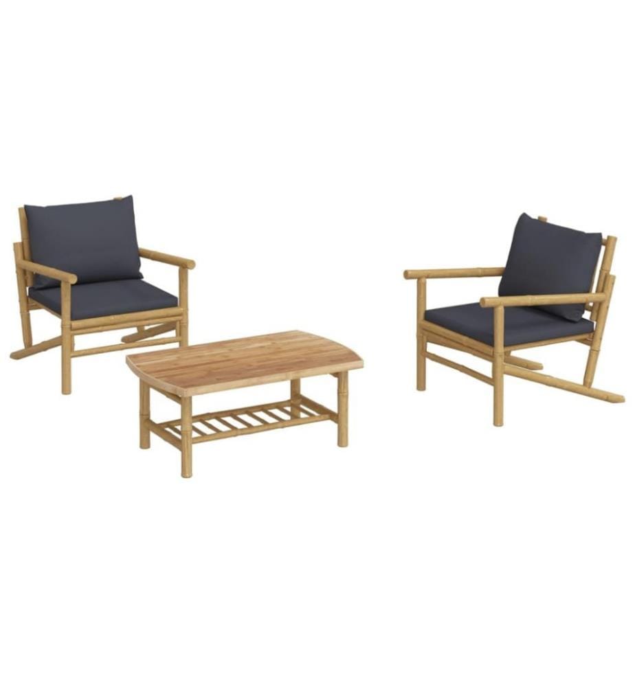 Salon de jardin 3 pcs avec coussins gris foncé bambou