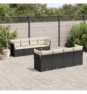 9-tlg. Garten-Sofagarnitur mit Kissen Schwarz Poly Rattan
