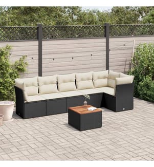 7-tlg. Garten-Sofagarnitur mit Kissen Schwarz Poly Rattan