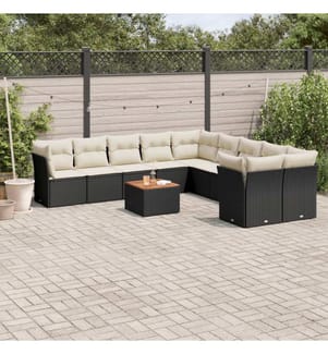11-tlg. Garten-Sofagarnitur mit Kissen Schwarz Poly Rattan