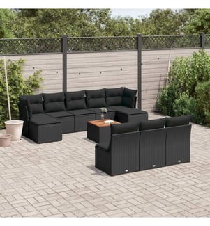 11-tlg. Garten-Sofagarnitur mit Kissen Schwarz Poly Rattan
