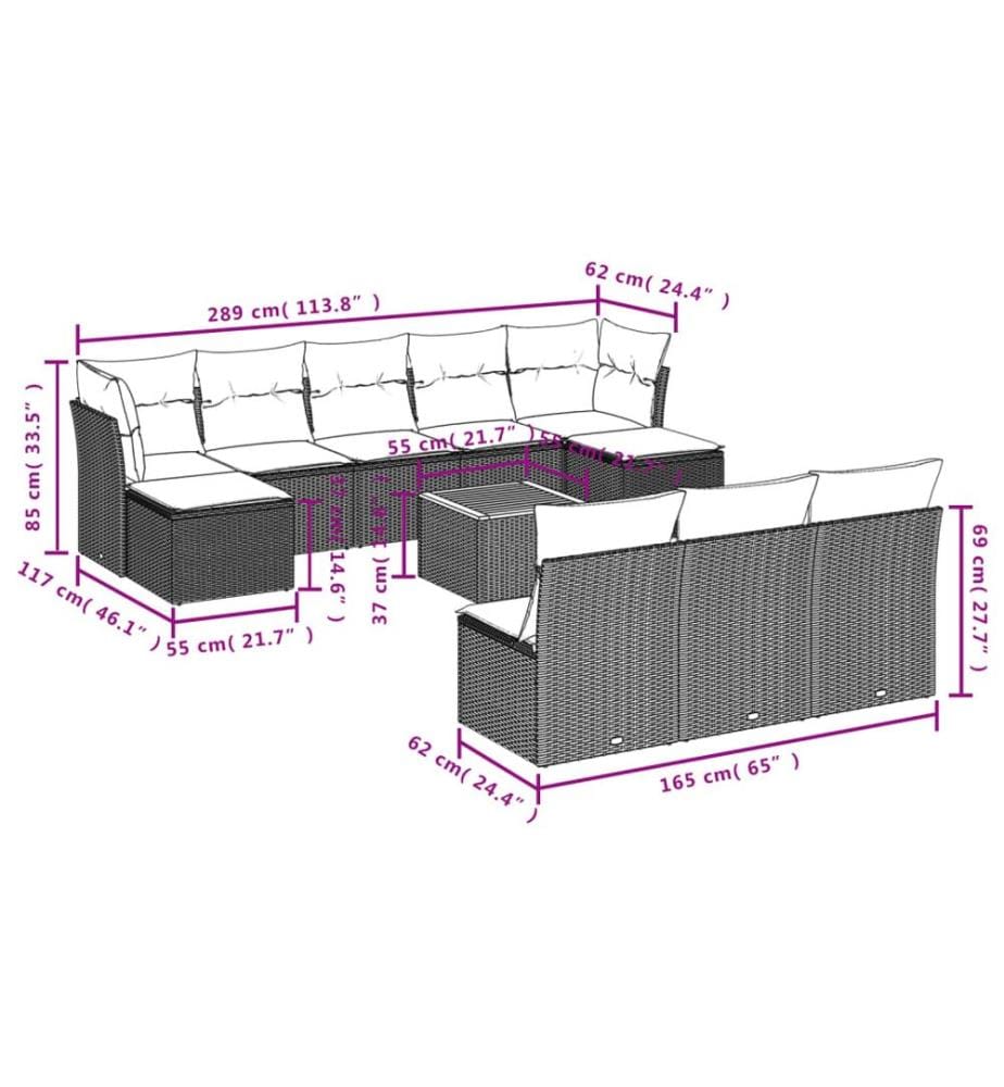 11-tlg. Garten-Sofagarnitur mit Kissen Schwarz Poly Rattan