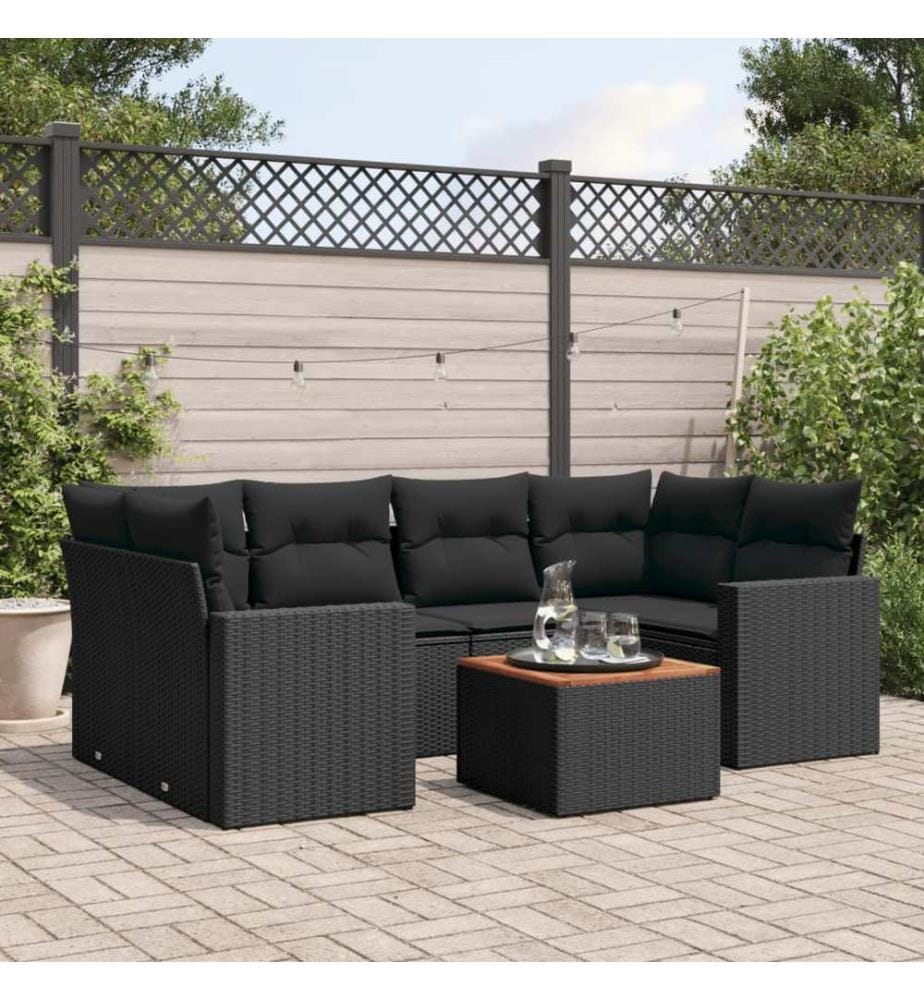 Salon de jardin 7 pcs avec coussins noir résine tressée