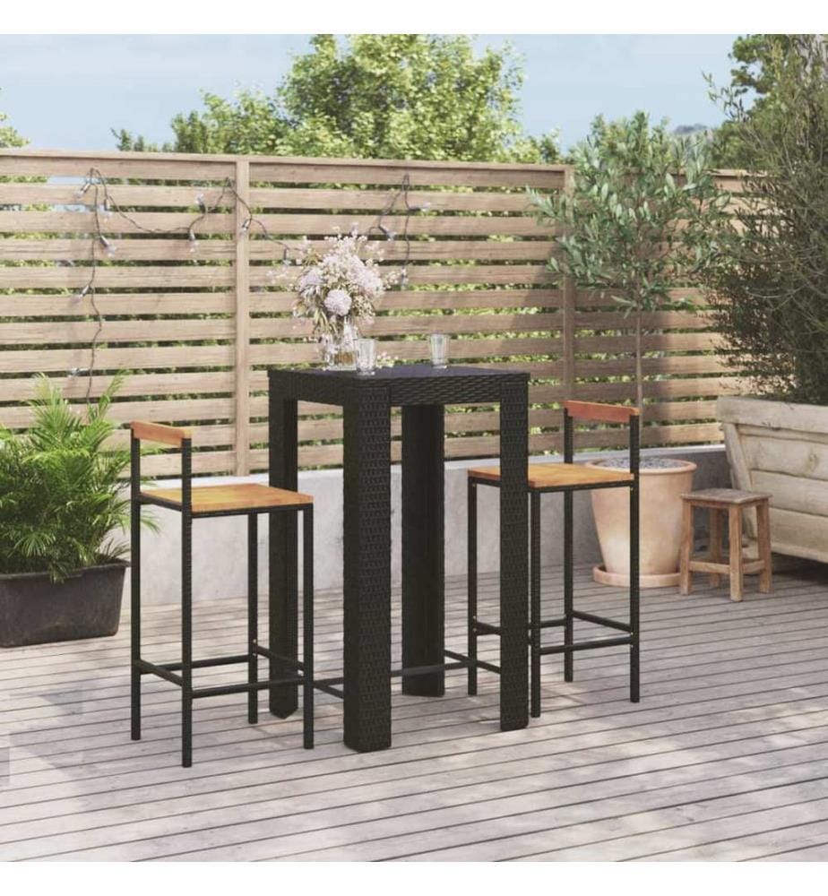 3-tlg. Gartenbar-Set Schwarz Poly Rattan & Massivholz Akazie