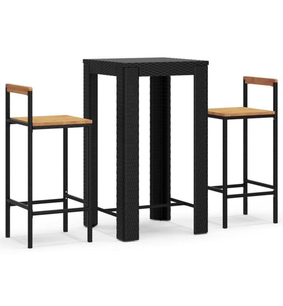 3-tlg. Gartenbar-Set Schwarz Poly Rattan & Massivholz Akazie