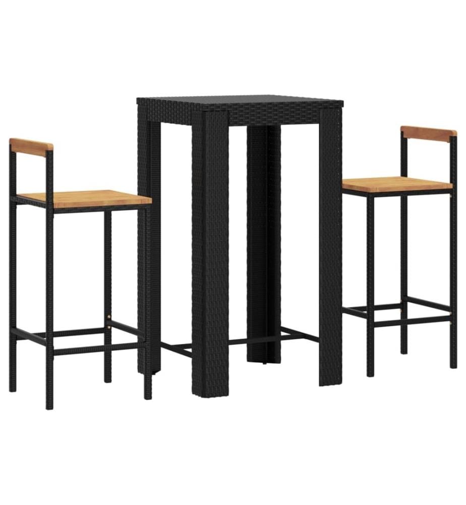 3-tlg. Gartenbar-Set Schwarz Poly Rattan & Massivholz Akazie