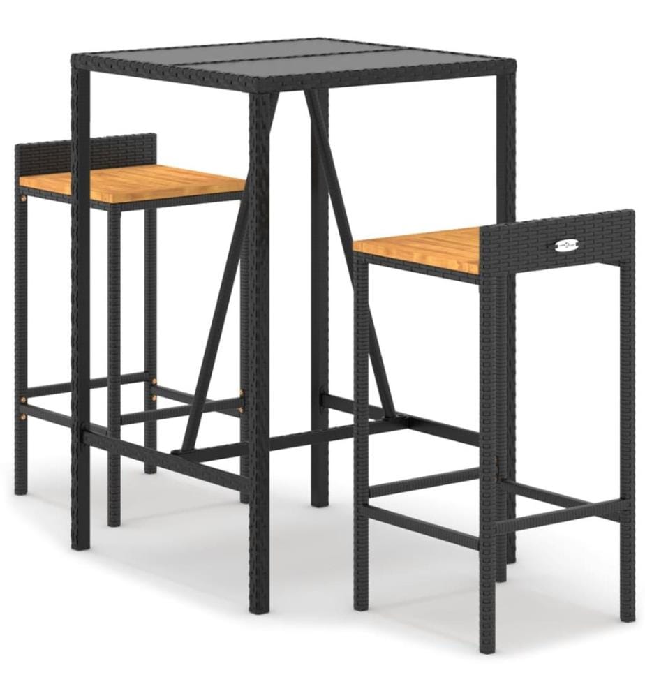 3-tlg. Gartenbar-Set Schwarz Poly Rattan & Massivholz Akazie