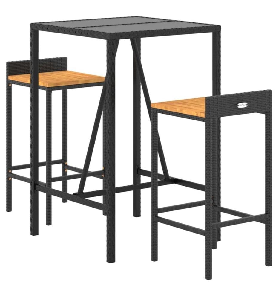 3-tlg. Gartenbar-Set Schwarz Poly Rattan & Massivholz Akazie