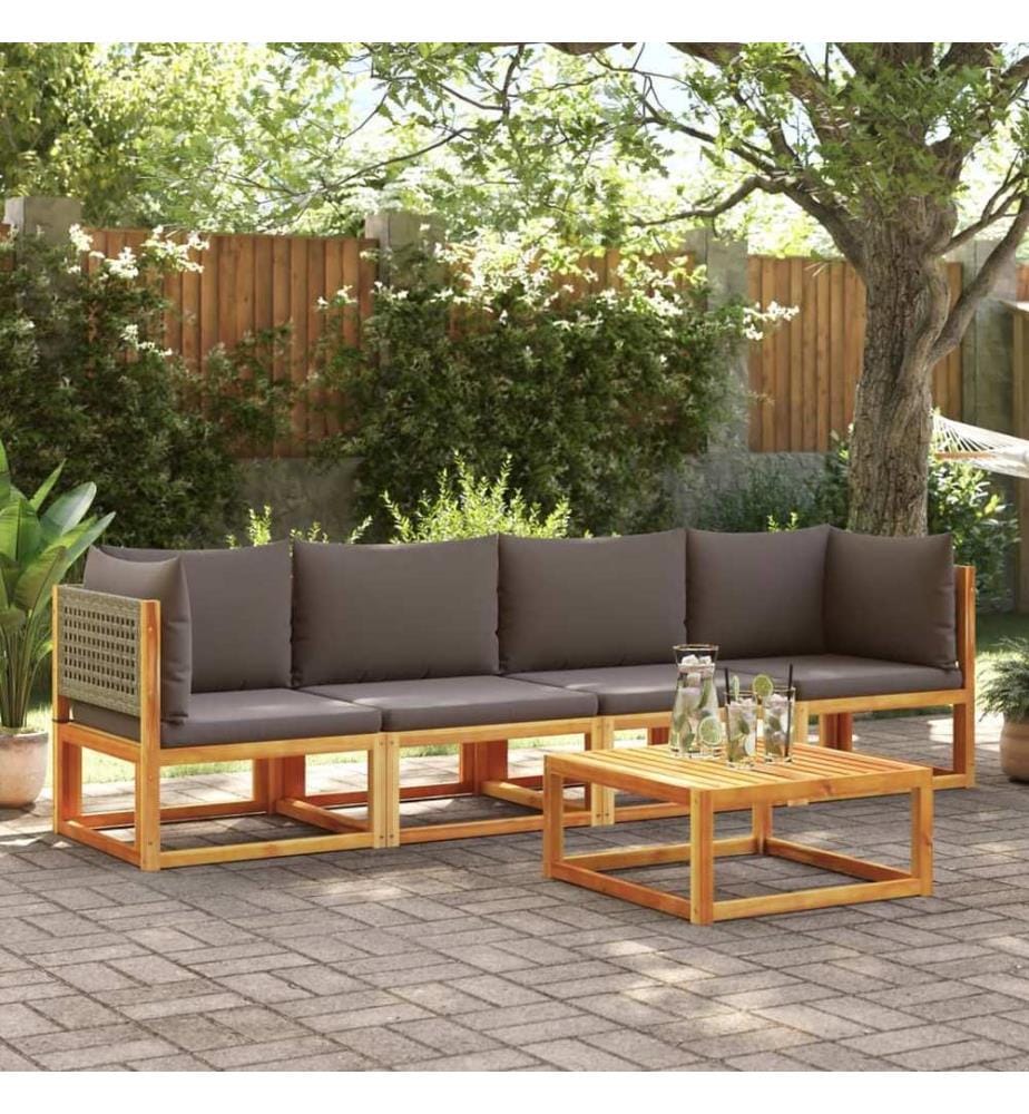 Ensemble de canapés de jardin 4 pièces avec coussins en bois d'acacia et rotin