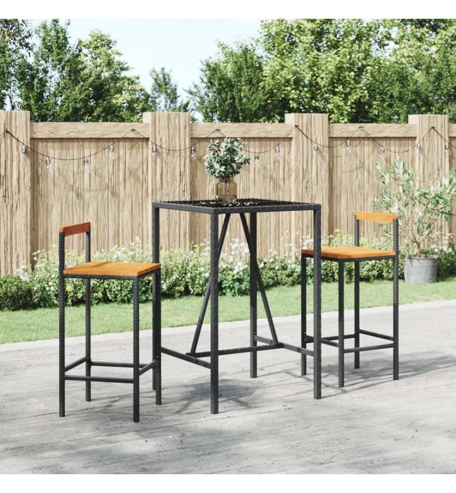 3-tlg. Gartenbar-Set Schwarz Poly Rattan & Massivholz Akazie