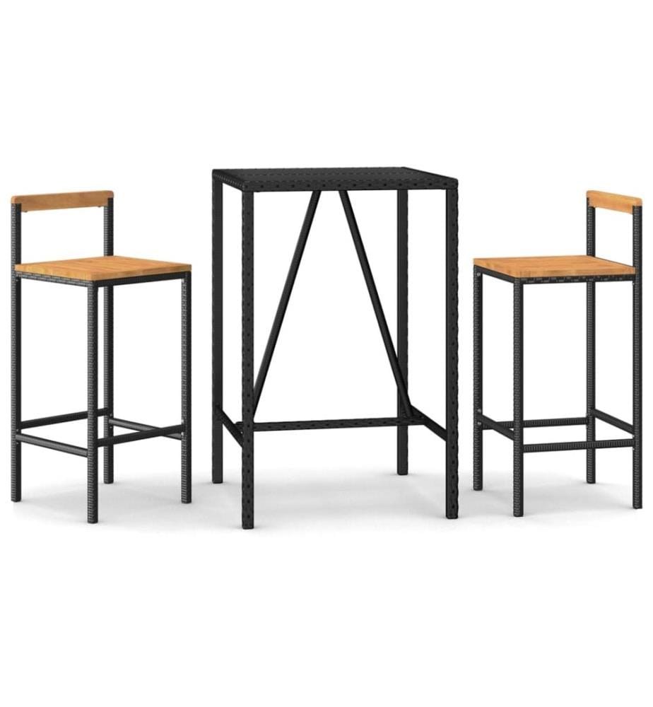 3-tlg. Gartenbar-Set Schwarz Poly Rattan & Massivholz Akazie