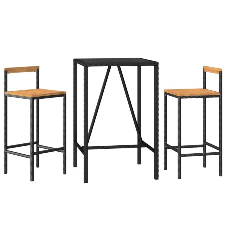 3-tlg. Gartenbar-Set Schwarz Poly Rattan & Massivholz Akazie