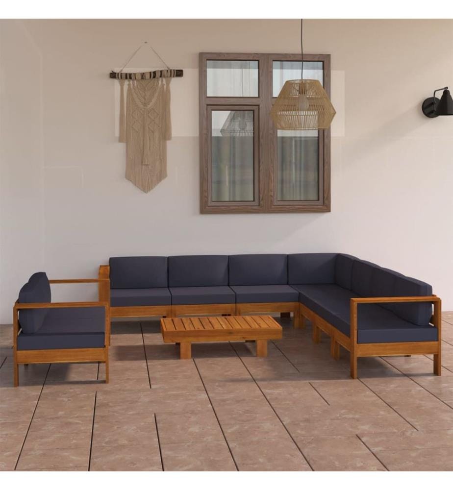 9-tlg. Garten-Lounge-Set mit Dunkelgrauen Auflagen Akazienholz