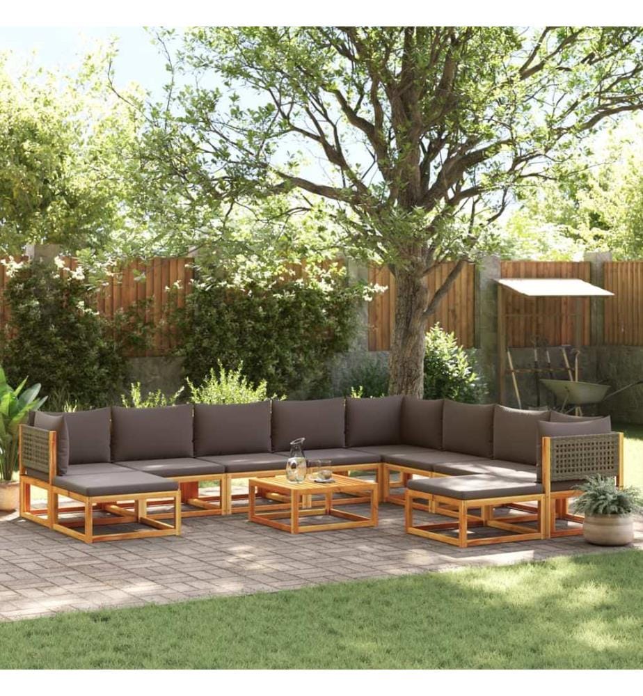 11-tlg. Gartensofa-Set mit Kissen Holz Akazie & Rattan