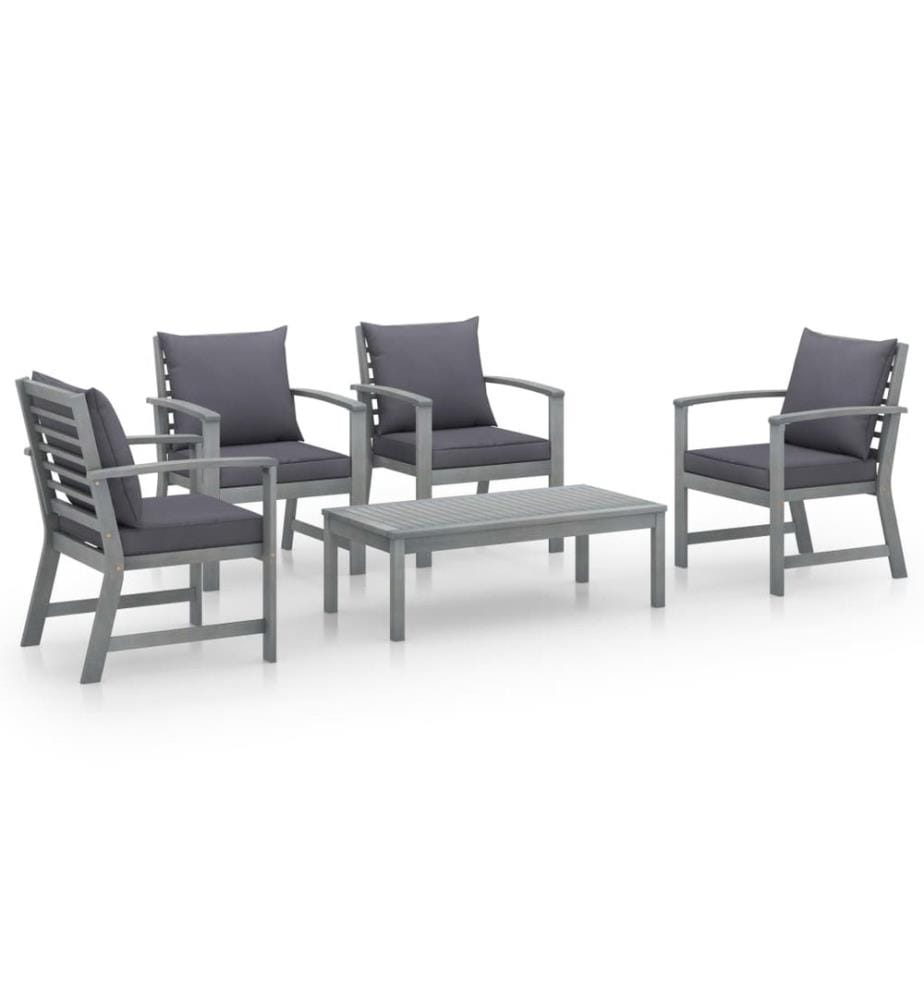 5-tlg. Garten-Lounge-Set mit Auflagen Massivholz Akazie Grau