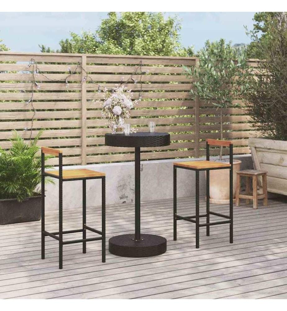 3-tlg. Gartenbar-Set Schwarz Poly Rattan & Massivholz Akazie