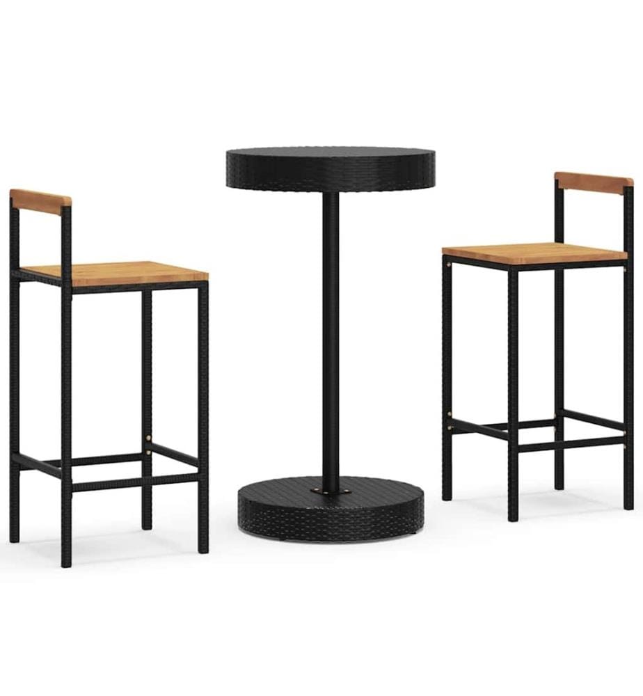 3-tlg. Gartenbar-Set Schwarz Poly Rattan & Massivholz Akazie